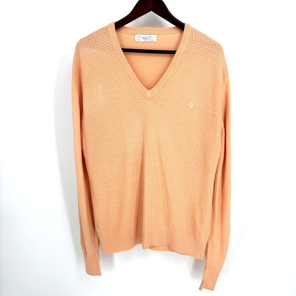 Vintage Christian Dior Monsieur V Neck Sweater Men XL Peach Embroidered Logo